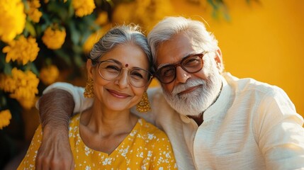 an elderly indian couple happily enjoying retirement life together, with a copy space concept banner