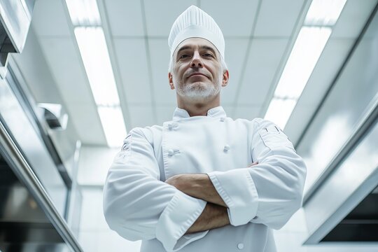 Proud chef with arms crossed in a modern kitchen, representing culinary mastery and leadership

