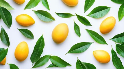 A flat lay of ripe mangoes and green leaves on a white background.