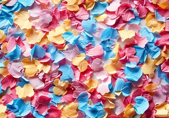 Colorful confetti scattered on a white background for April Fools' Day