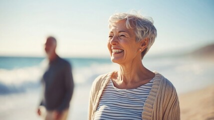 A happy older woman enjoys a beach day. She smiles brightly with the ocean waves behind her. The photo captures joy and freedom. A perfect moment of relaxation. AI