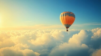 Obraz premium Golden Hour Ascent: A hot air balloon soars above a breathtaking expanse of clouds, bathed in the warm glow of sunrise, embodying the spirit of adventure and boundless possibilities. 