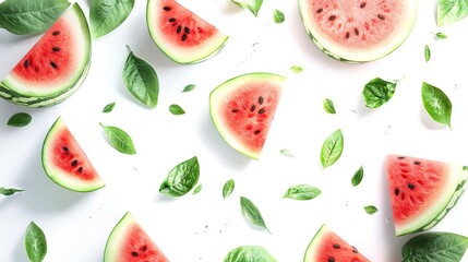 A flat lay of watermelon slices and green leaves on a white background.