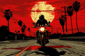Biker riding motorcycle along suburban street at sunset illustration