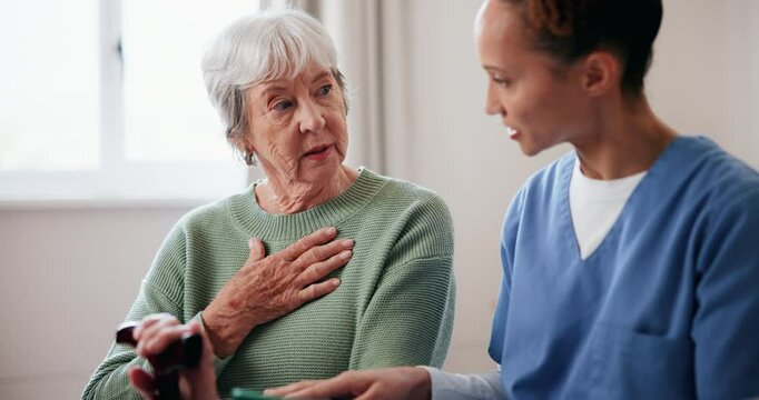 Caregiver, senior woman and coughing with tablet at nursing home for health check, update and report. People, nurse and pensioner conversation in bedroom at retirement house for support and care
