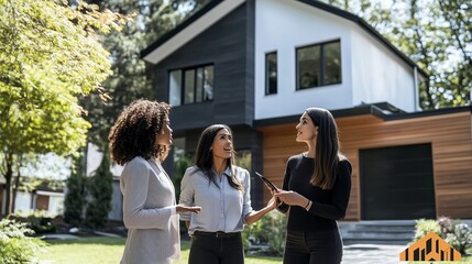 Three women discussing home design and features outside a modern house in a suburban neighborhood during a sunny afternoon