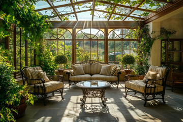 Traditional Conservatory in a Grand Estate: Whitewashed Elegance and Greenery