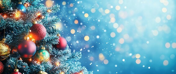 Fototapeta premium Decorated Christmas Tree Branch with Ornaments and Lights Against a Blue Background with Snow