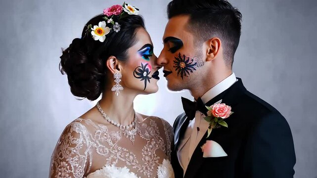 A couple in wedding attire, their faces painted in vibrant Day of the Dead colors, standing against a muted gray background, the bride's dress intricately detailed with lace and the groom's tuxedo fea