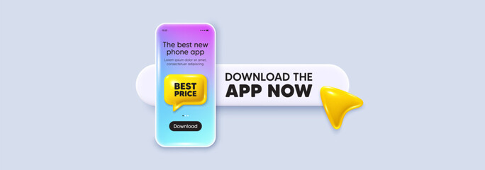 Best Price tag. Download the app now. Phone mockup screen. Special offer Sale sign. Advertising Discounts symbol. Phone download app search bar. Best price text message. Vector