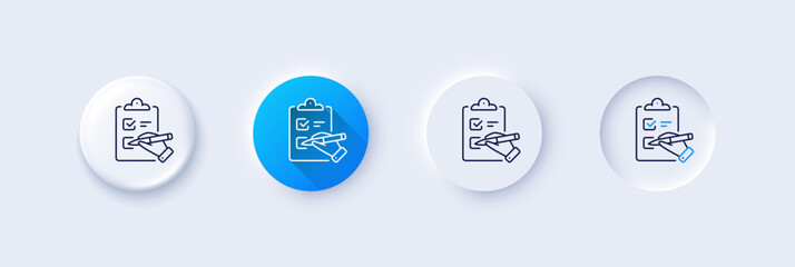 Checklist line icon. Neumorphic, Blue gradient, 3d pin buttons. Clipboard document sign. Questioning survey symbol. Line icons. Neumorphic buttons with outline signs. Vector