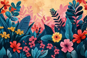 Vibrant Illustration of Tropical Flowers and Foliage