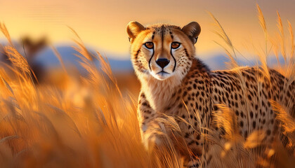 Obraz premium Cheetah Sitting in Tall, Golden Grass: Stealthy Predator Partially Obscured by Foliage in a Natural Habitat