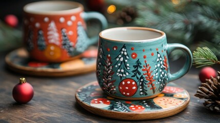 Fototapeta premium holiday gift ideas, unique hand-painted ceramic mugs and festive coasters perfect for a creative christmas gift idea check out our banner