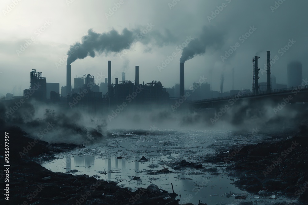 Poster a hazy skyline dominates the view, featuring silhouettes of factories amid a river clogged with plas