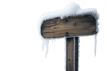 Snow-Covered Wooden Signpost with Icicles: Transparent Cutout. Alpha.