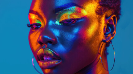 Fototapeta premium This portrait features a model with bold neon makeup and glowing skin tones, set against a vivid blue backdrop, showcasing beauty and artistry