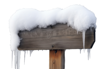 Snow-Covered Wooden Signpost with Icicles: Transparent Cutout. Alpha.