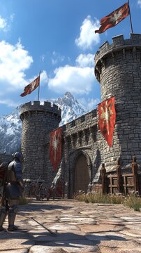 A stone castle courtyard features parapets and banners, with a knight preparing for action against a stunning mountain backdrop