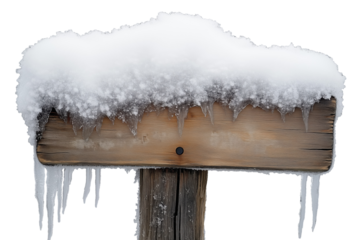 Snow-Covered Wooden Signpost with Icicles: Transparent Cutout. Alpha.