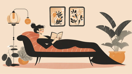 Obraz premium The scene features a woman enjoying her leisure time on a chaise lounge, immersed in a book surrounded by plants and artwork