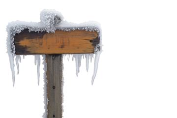 Snow-Covered Wooden Signpost with Icicles: Transparent Cutout. Alpha.