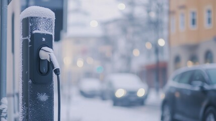 Snow-covered electric car charging station in urban winter scene.