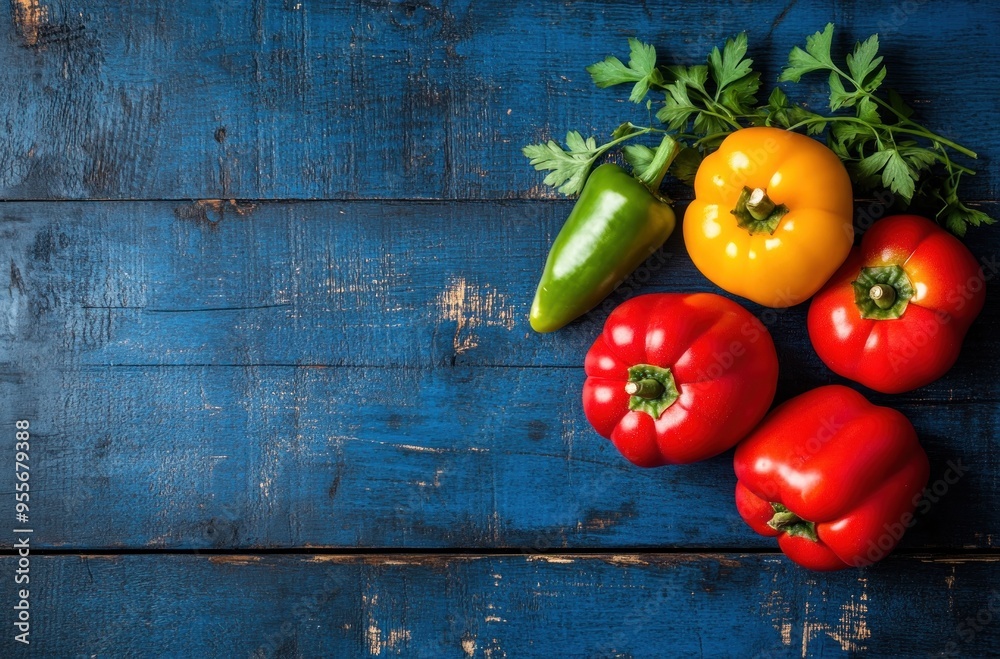 Sticker Vibrant Peppers on Blue Wooden Background