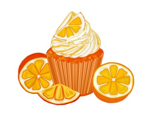 Fruit cupcake, oranges, slices, colored cartoon drawing, on transparent background