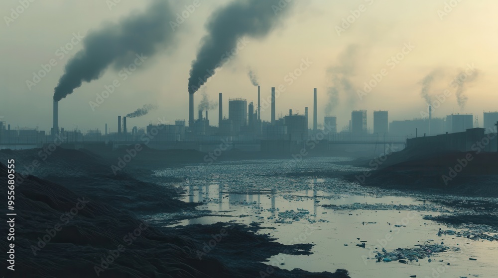 Poster a dense fog blankets the skyline of a bustling metropolis, with factories emitting smoke and a river