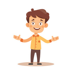 A young boy is smiling and holding his hands out to the side. He is wearing a yellow shirt and brown pants