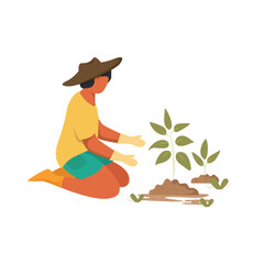 Farm working vector illustration. Farmer, agriculture worker, gardener growing and watering vegetables. Vector illustration isolated on white background.