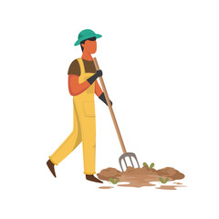 Farm working vector illustration. Farmer, agriculture worker, gardener growing and watering vegetables. Vector illustration isolated on white background.