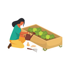 Farm working vector illustration. Farmer, agriculture worker, gardener growing and watering vegetables. Vector illustration isolated on white background.