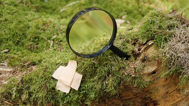 Tree stump covered with lush green moss and marked with a sticking plaster and magnifying glass
