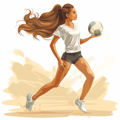 Fototapeta premium A woman is running with a volleyball in her hand. She is wearing a white shirt and black shorts