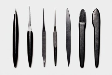 Watercolor paper texture sticker design pastel colors simple lines surgical tools scalpel forceps and sutures arranged neatly soft grey background grey silver palette