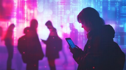 Individuals bow their heads, absorbed in smartphones as digital numbers and codes create a backdrop of virtual isolation. Generative AI