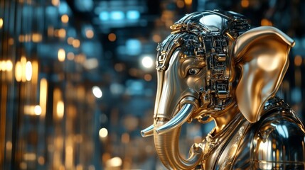 Ganesha with a mechanical elephant face, chrome and brass elements, set in a high-tech cityscape