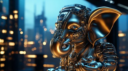 Fototapeta premium Ganesha with a mechanical elephant face, chrome and brass elements, set in a high-tech cityscape