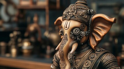 Ganesha with a mechanical face, gears and bolts, steampunk design, set in a Victorian-style workshop