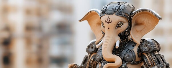 Ganesha with exposed gears and metallic limbs, intricate robotic design, set against a sci-fi backdrop