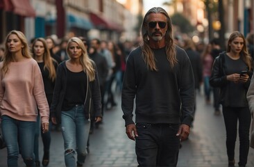 Handsome middle aged man smiling at the camera while walking in a busy street. Crowd of sad, tired people in outerwear on street, an adult man standing and looking at camera