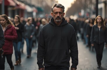 Handsome middle aged man smiling at the camera while walking in a busy street. Crowd of sad, tired people in outerwear on street, an adult man standing and looking at camera
