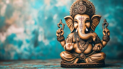 Fototapeta premium Ganesha with hydraulic arms, steampunk design, intricate gears and cogs, set in a vintage setting