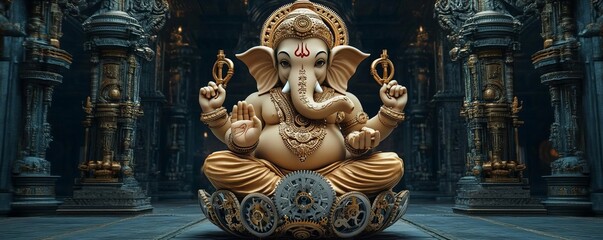 Fototapeta premium Ganesha with mechanical lotus base, gears and cogs intertwined, set in an industrial temple