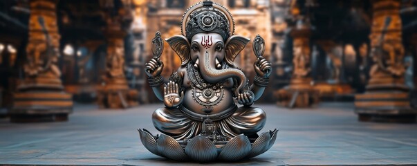 Fototapeta premium Ganesha with mechanical lotus base, gears and cogs intertwined, set in an industrial temple