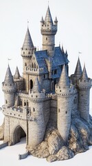 Fototapeta premium A stunning mockup of a medieval castle features high towers and sturdy battlements set on a rocky base, evoking a sense of history