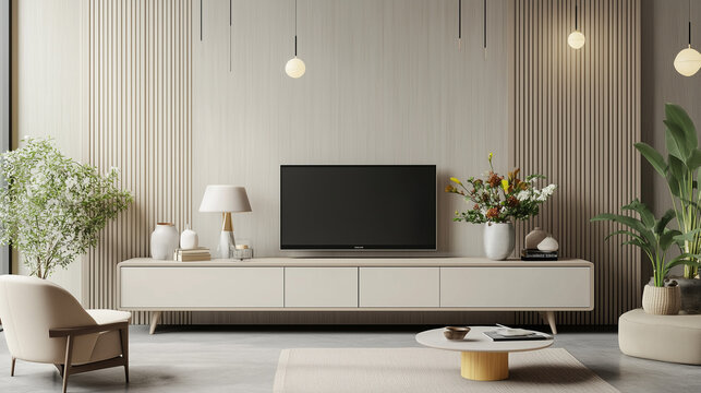 Przestronny salon z miejscem na telewizor na wsp&oacute;łczesnej szafce. W aranżacji uwzględniono lampę, st&oacute;ł, bukiet świeżych kwiat&oacute;w oraz roślinę doniczkową, co nadaje pomieszczeniu nowoczesny i elegancki 