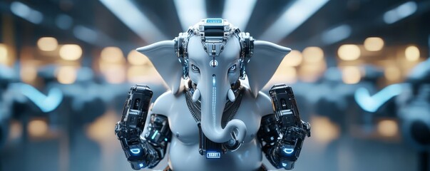 Fototapeta premium Ganesha with robotic arms and a mechanical trunk, futuristic and high-tech, set in an urban environment